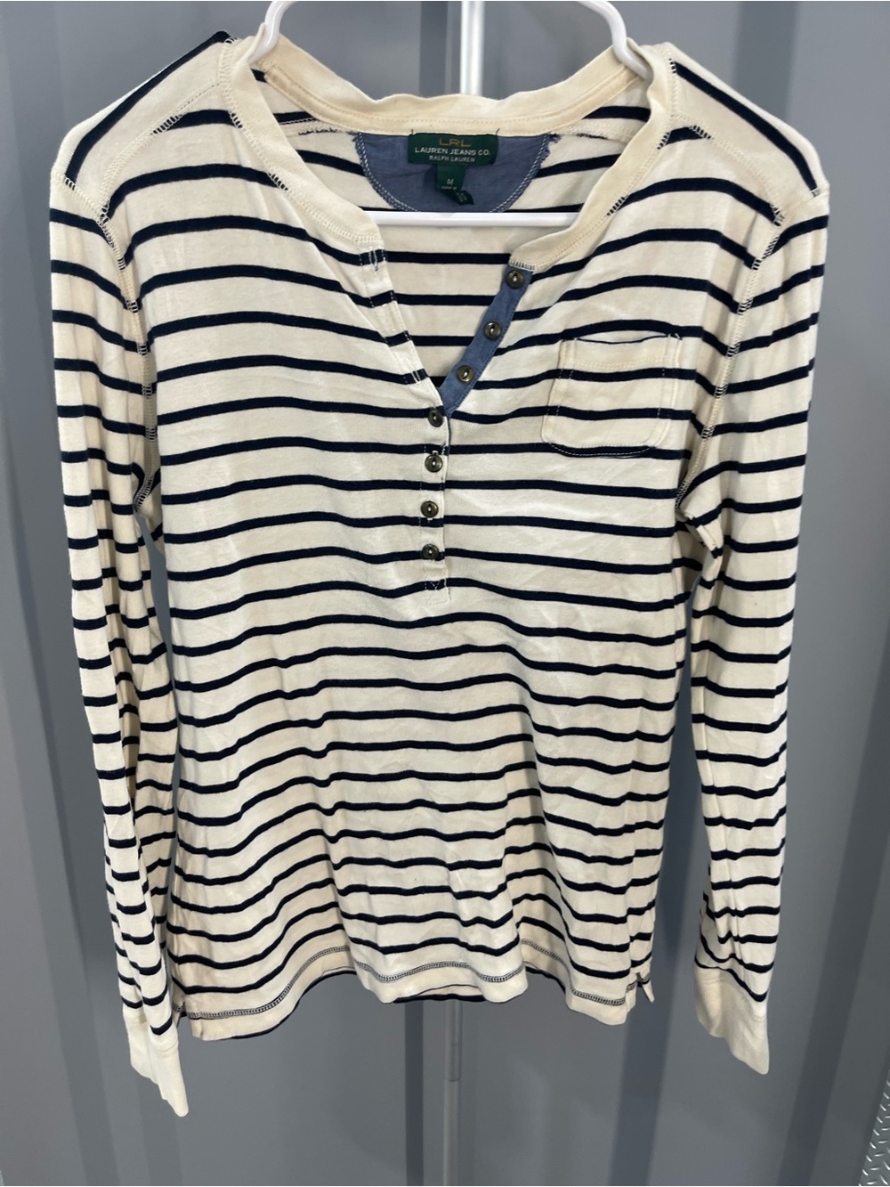 Ralph Lauren Cream and Navy Striped Long-Sleeve Henley Top